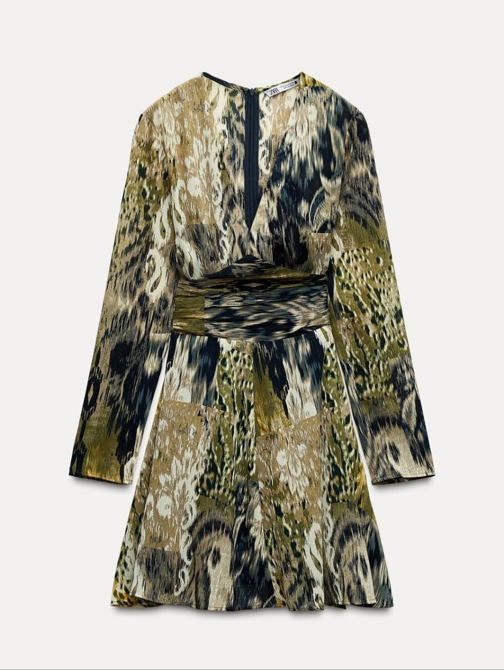 ZARA Olive Green Printed V-Neck Long Sleeve Dress - Picture 2 of 6